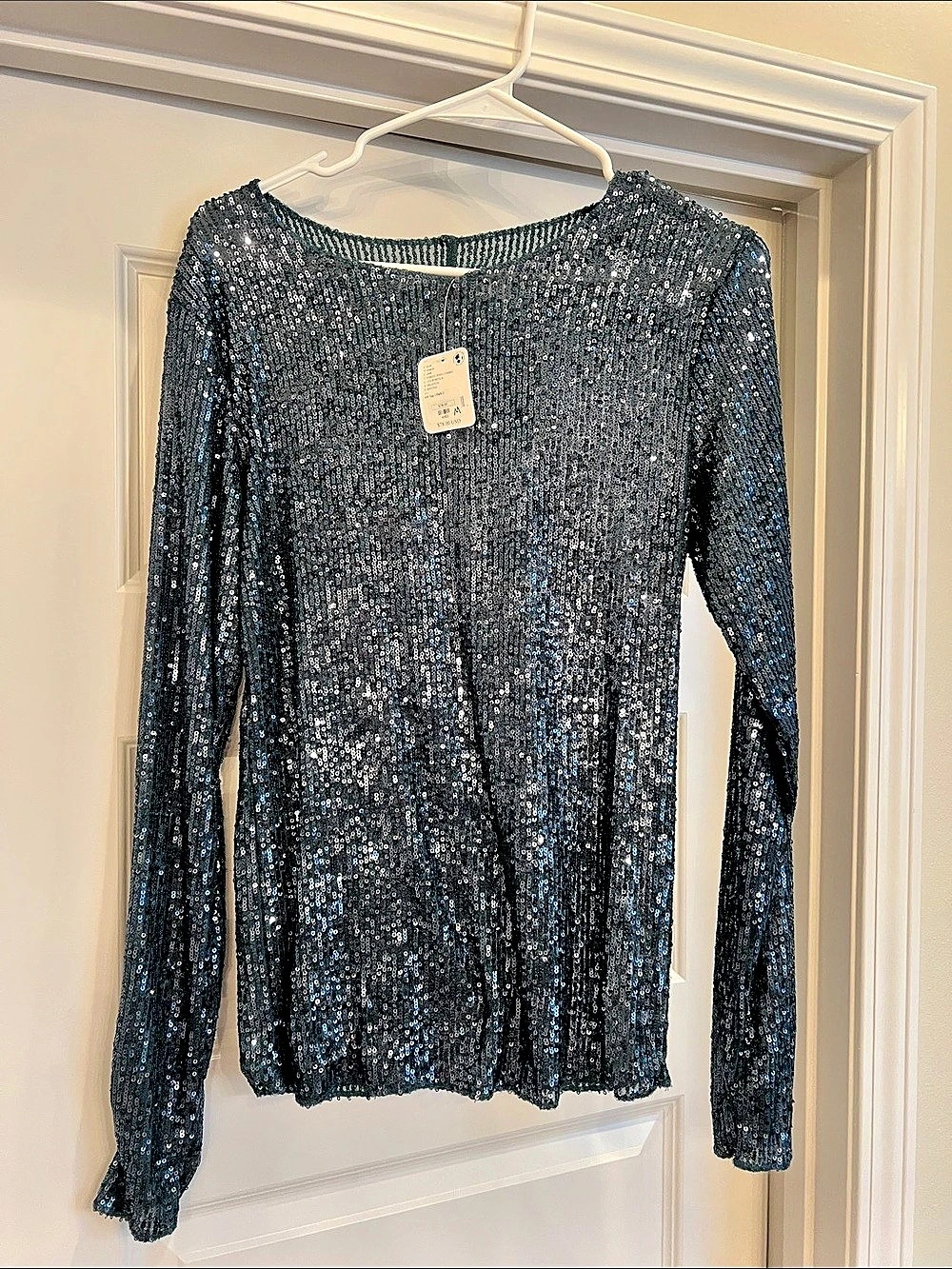 Free People Top Sequined Long Sleeve Top in Blue-Green Size Medium